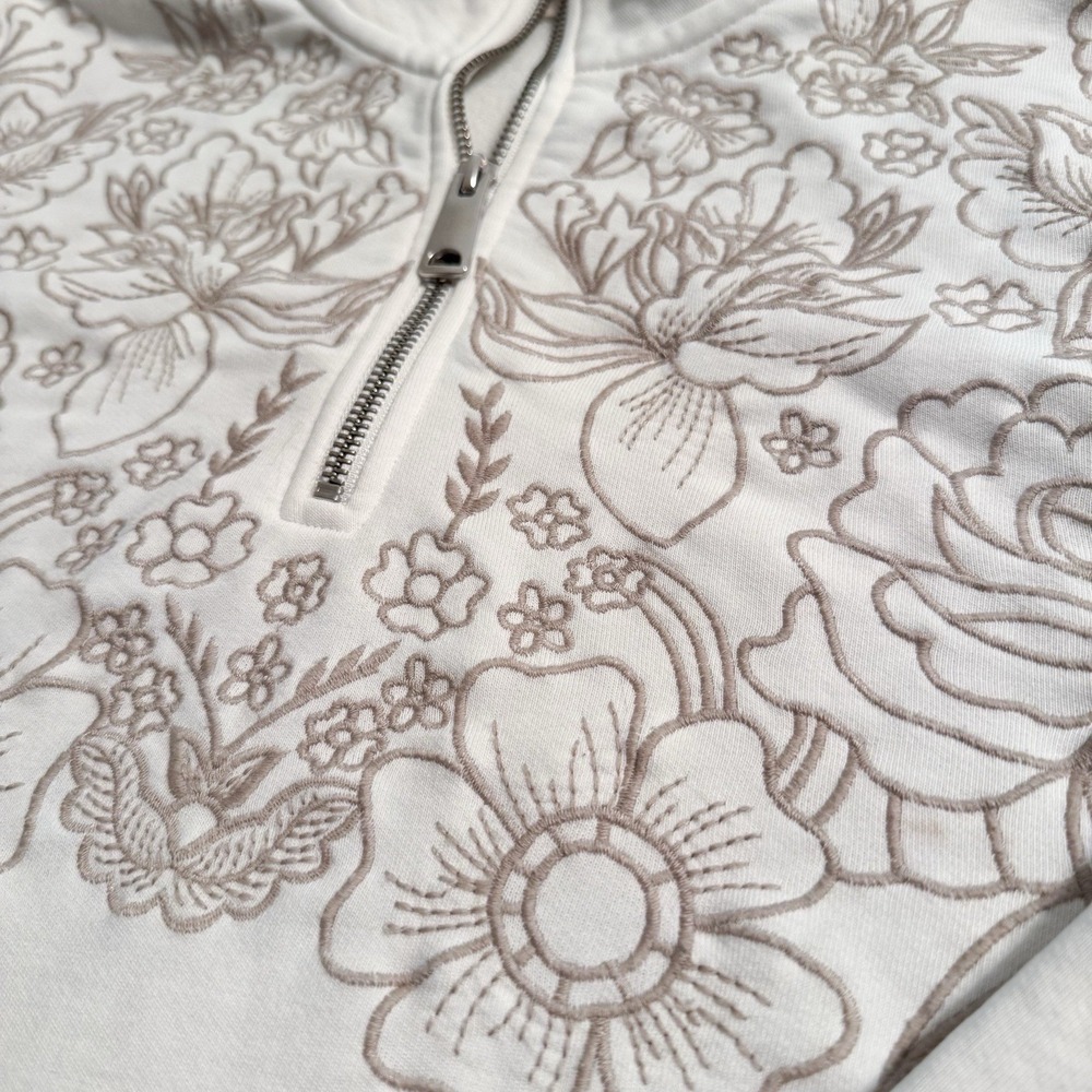 Soft Surroundings Women's Quarter Zip Pullover SMALL‎ Floral Embroidery Ivory - Picture 4 of 10